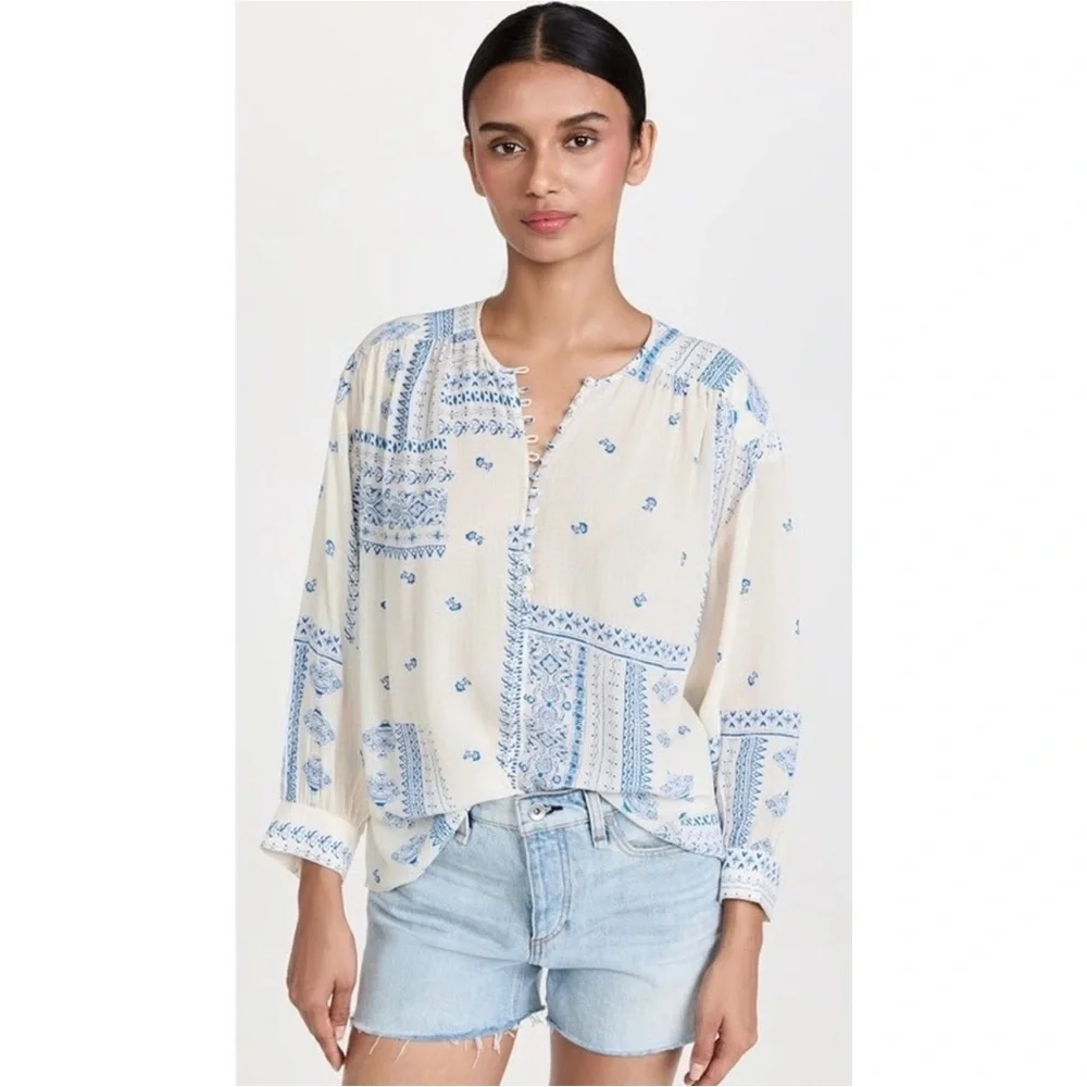 ba&sh Cream Blouse with Blue Floral Print - Picture 6 of 16